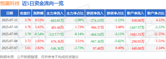 股票行情快报：恒星科技（002132）7月11日主力资金净卖出663.81万元