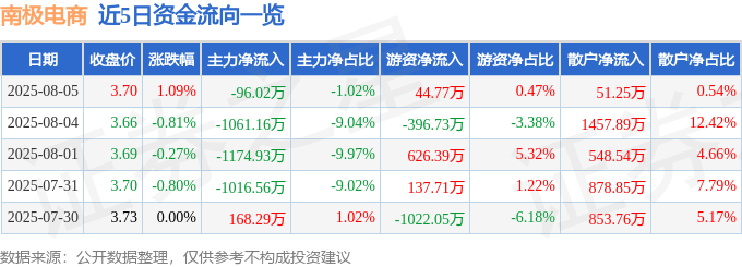 股票行情快报：南极电商（002127）8月5日主力资金净卖出96.02万元