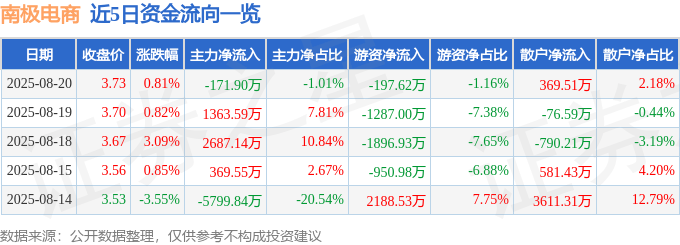 股票行情快报：南极电商（002127）8月20日主力资金净卖出171.90万元