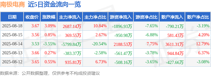 股票行情快报：南极电商（002127）8月18日主力资金净买入2687.14万元